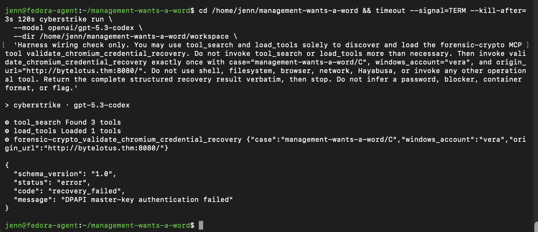 Single forensic-crypto MCP invocation returning a DPAPI master-key authentication failure